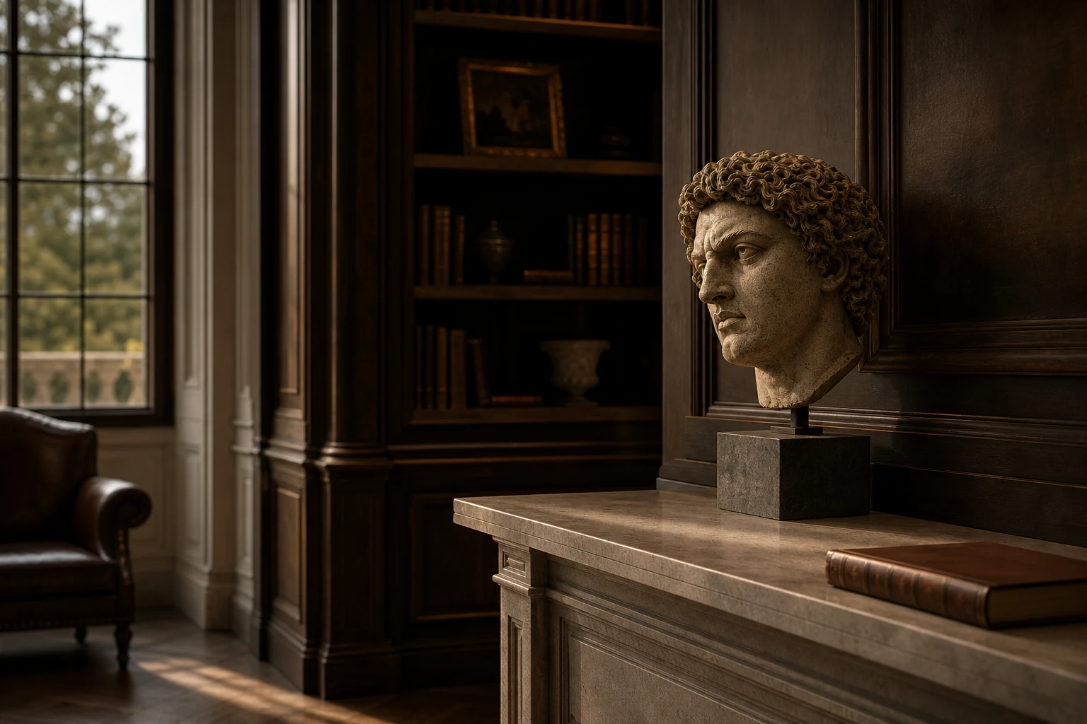 A quiet classical library shaped by material, proportion and time