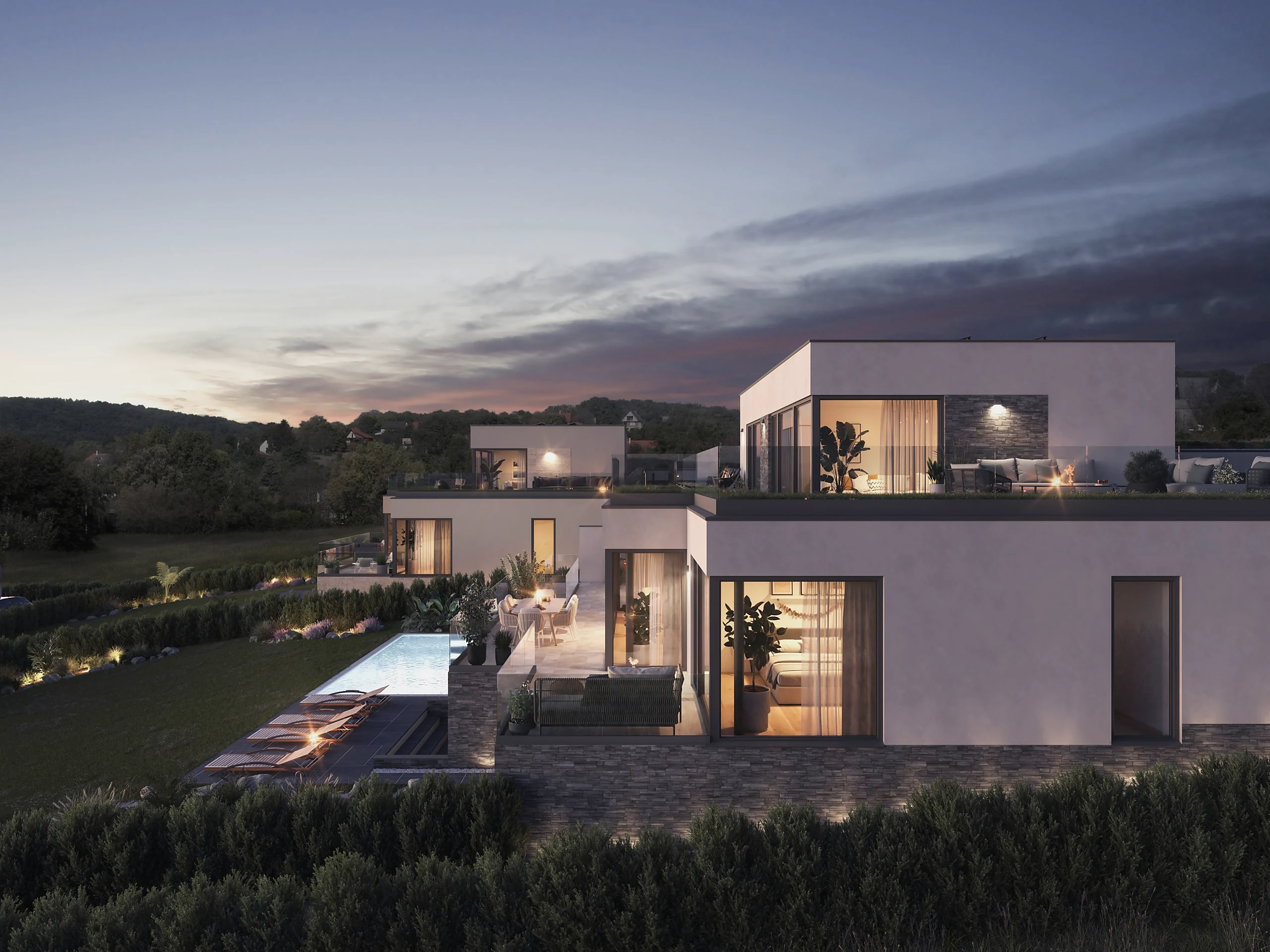 Gaia Villa II kétszintes tömege és panorámás tetőszintje alkonyatkor