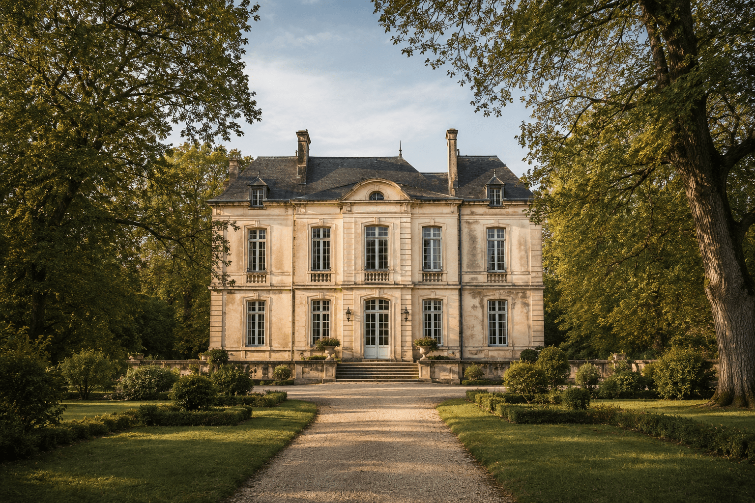 Historic villa framed by mature trees and a formal garden
