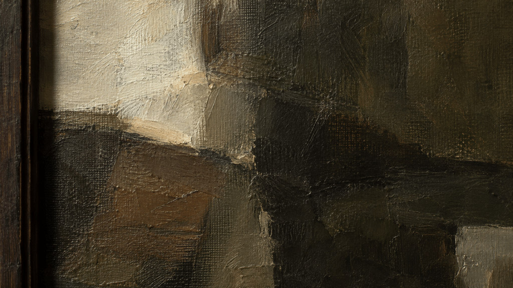 Layers of oil paint and brush marks in raking light beside a dark wooden frame