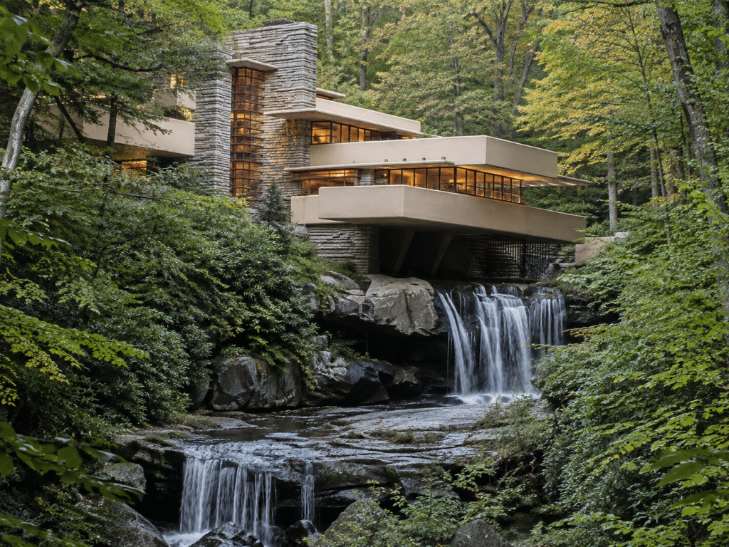 A Fallingwater konzolos teraszait, erdei környezetét és vízesését ábrázoló AI-illusztráció.