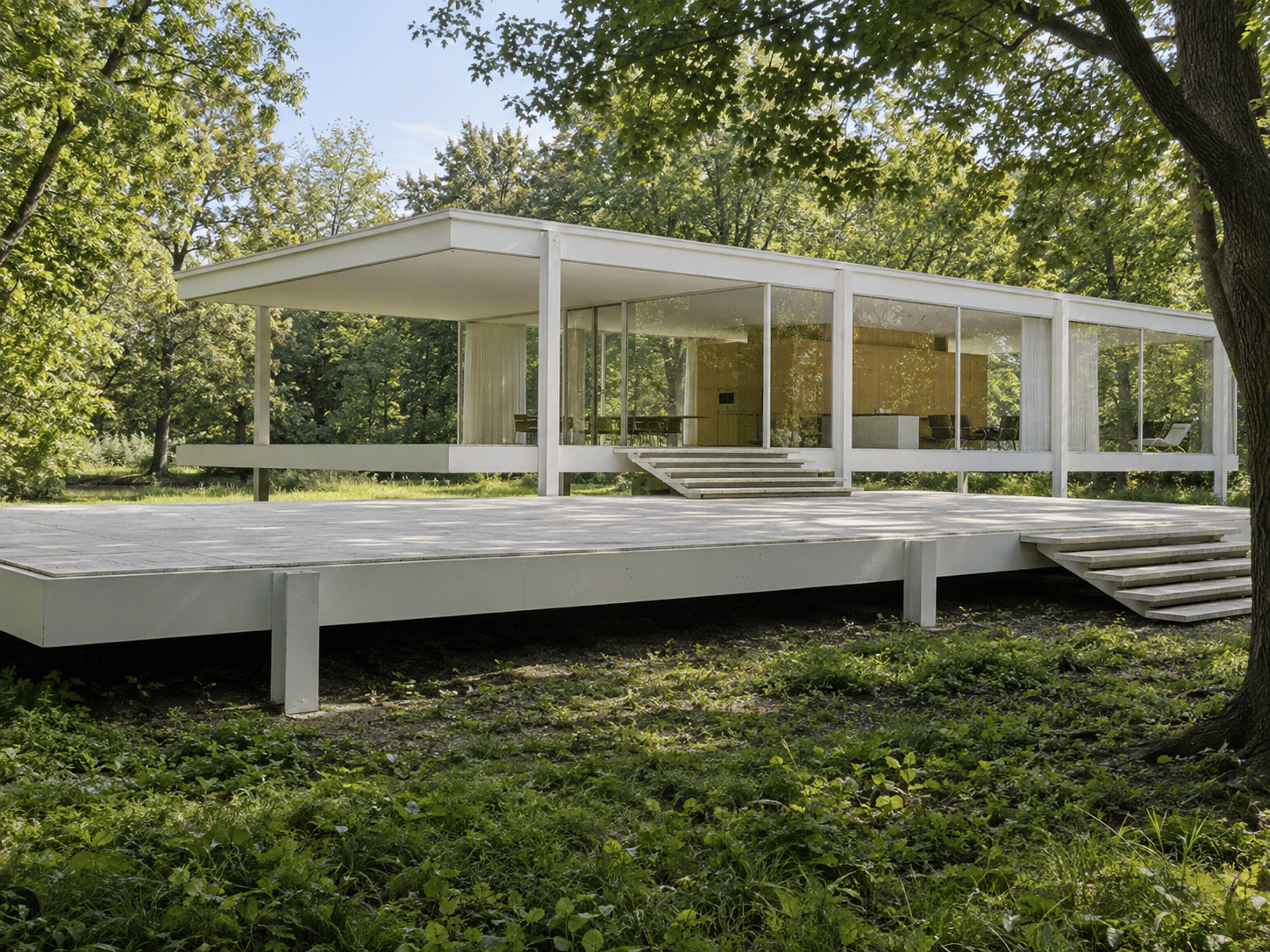 AI-generated editorial illustration of the raised steel-and-glass Farnsworth House by Mies van der Rohe in Plano, Illinois.